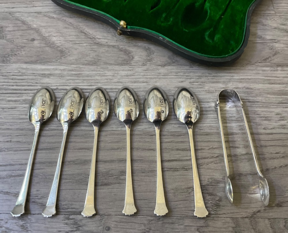 Edwardian Silver Teaspoon and Sugar Tongs in Fitted Case   View IV