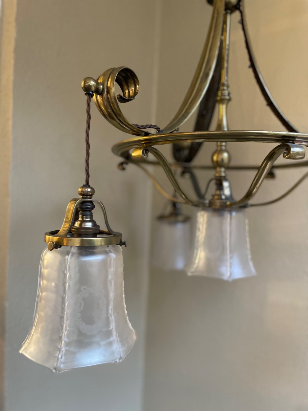 Impressive Four Light Arts & Crafts Brass Chandelier  View III