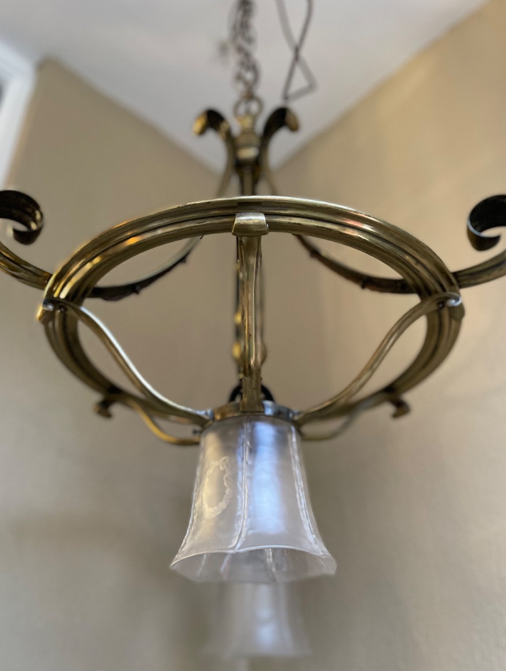 Impressive Four Light Arts & Crafts Brass Chandelier  View IV