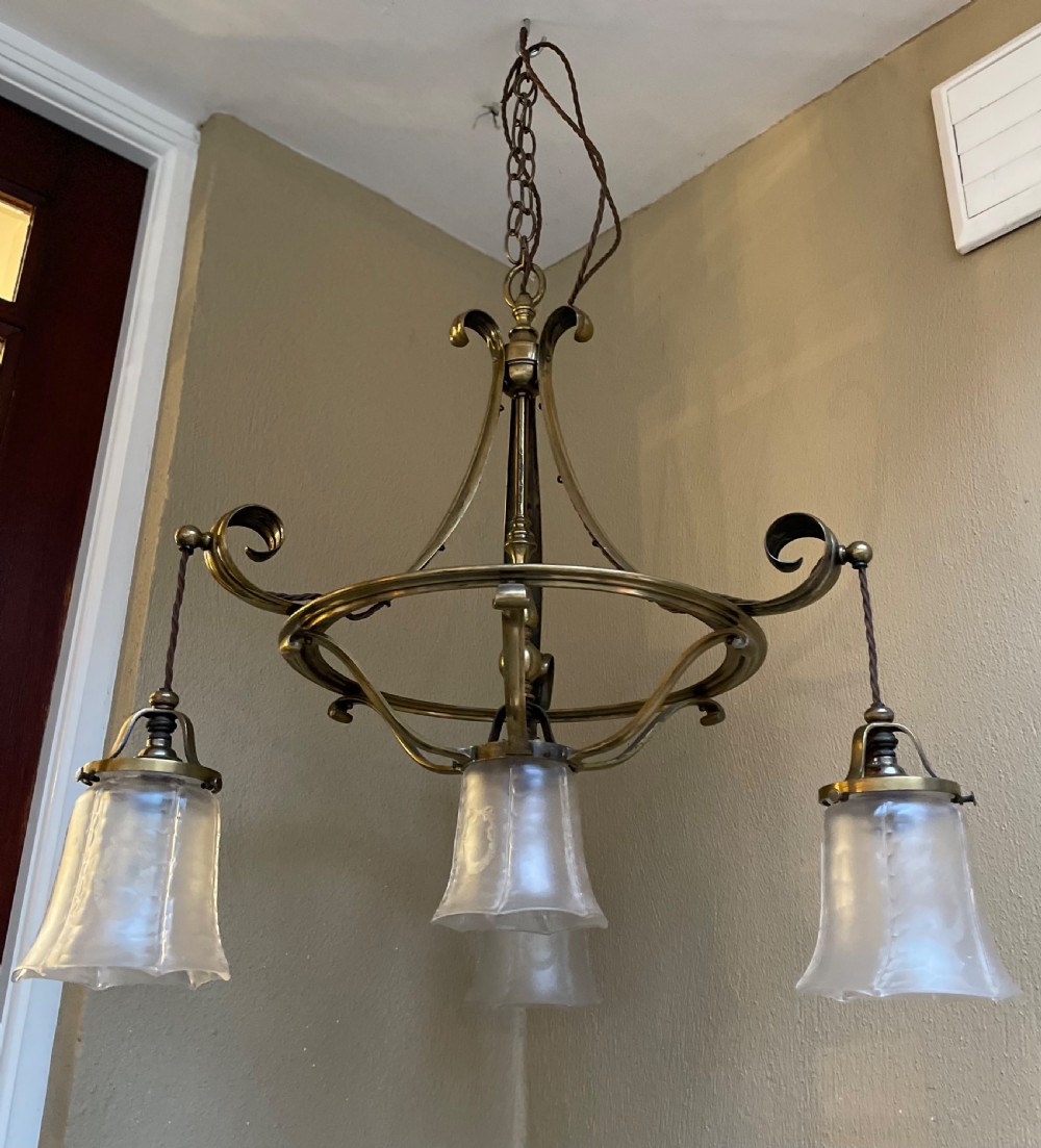 Impressive Four Light Arts & Crafts Brass Chandelier  View V