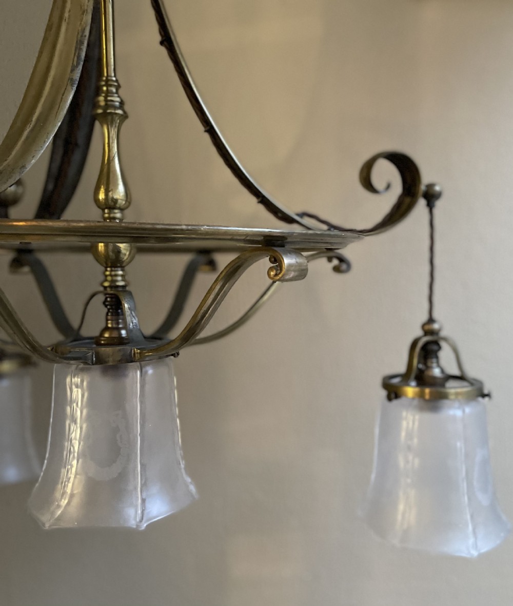 Impressive Four Light Arts & Crafts Brass Chandelier  View VIII