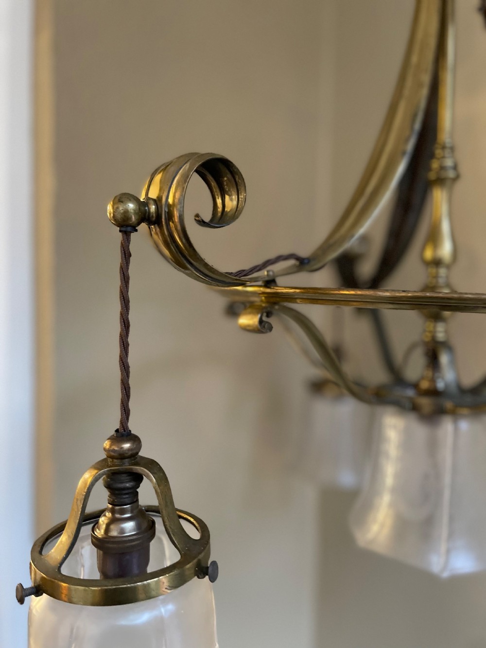 Impressive Four Light Arts & Crafts Brass Chandelier  View IX