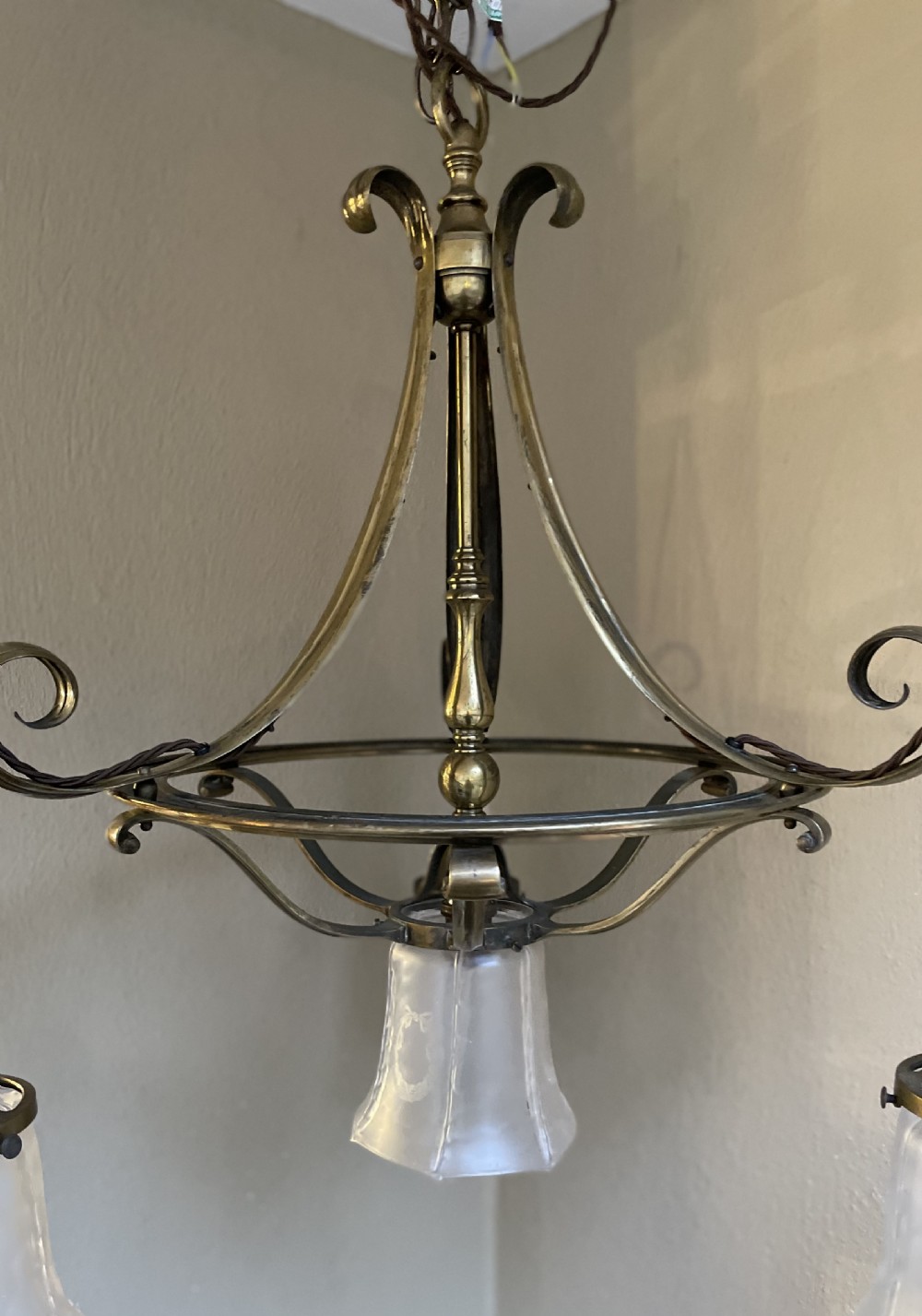 Impressive Four Light Arts & Crafts Brass Chandelier  View X