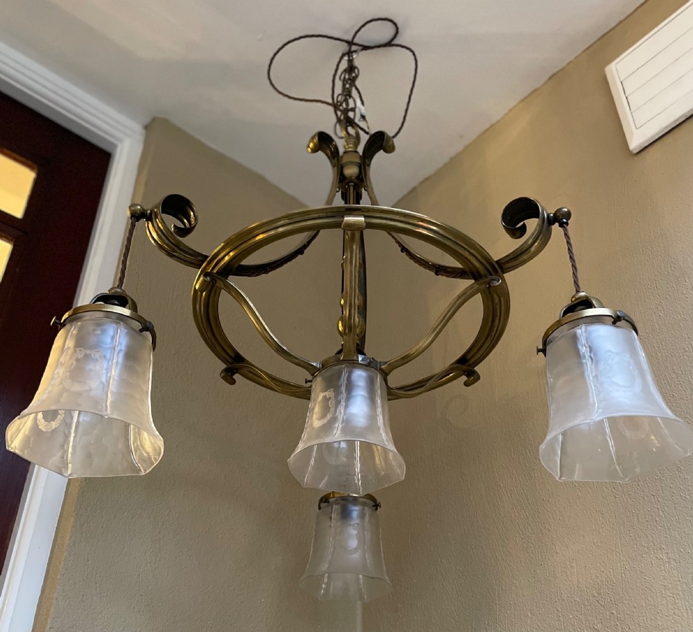 Impressive Four Light Arts & Crafts Brass Chandelier  View XI