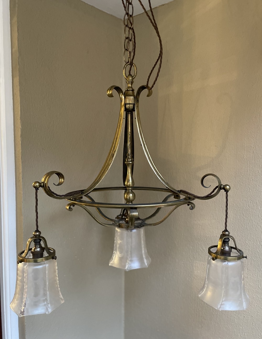 Impressive Four Light Arts & Crafts Brass Chandelier 