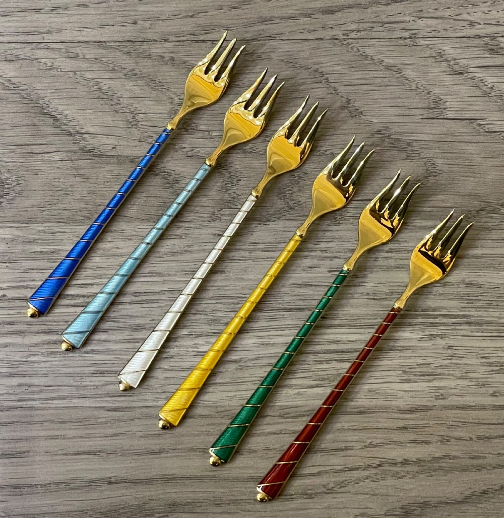 Six Danish Gilt Guilloche Enamel Silver Cocktail Forks View V