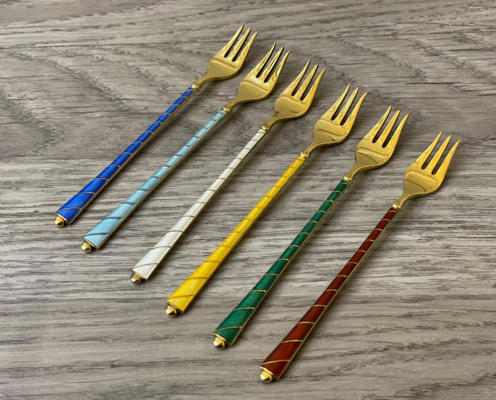 Six Danish Gilt Guilloche Enamel Silver Cocktail Forks View VI