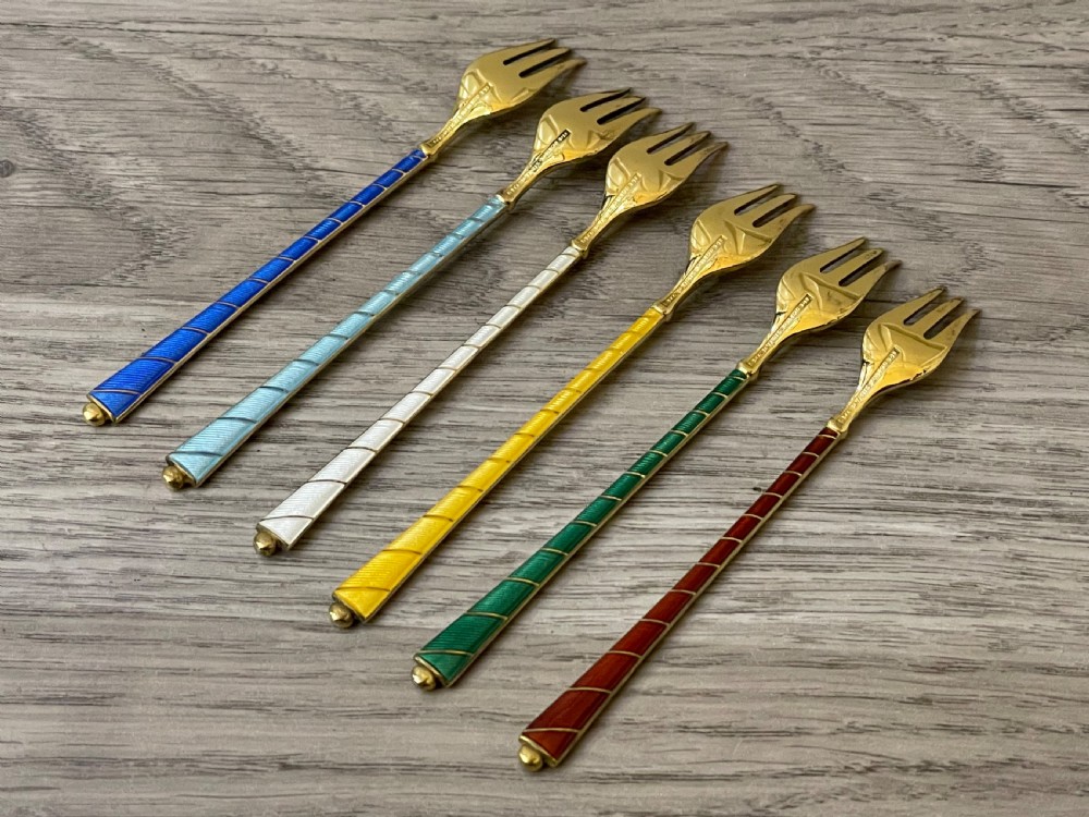 Six Danish Gilt Guilloche Enamel Silver Cocktail Forks View VIII