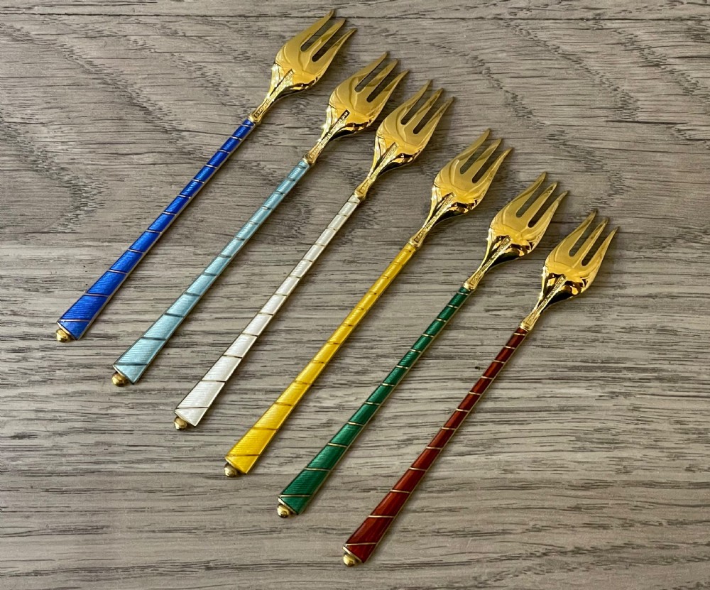 Six Danish Gilt Guilloche Enamel Silver Cocktail Forks View IX