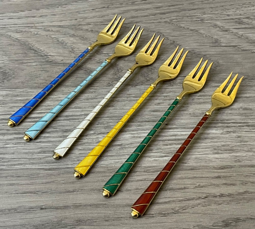 Six Danish Gilt Guilloche Enamel Silver Cocktail Forks View X