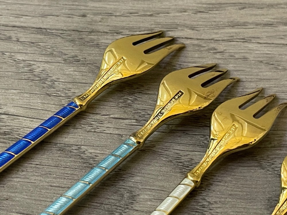 Six Danish Gilt Guilloche Enamel Silver Cocktail Forks View XI