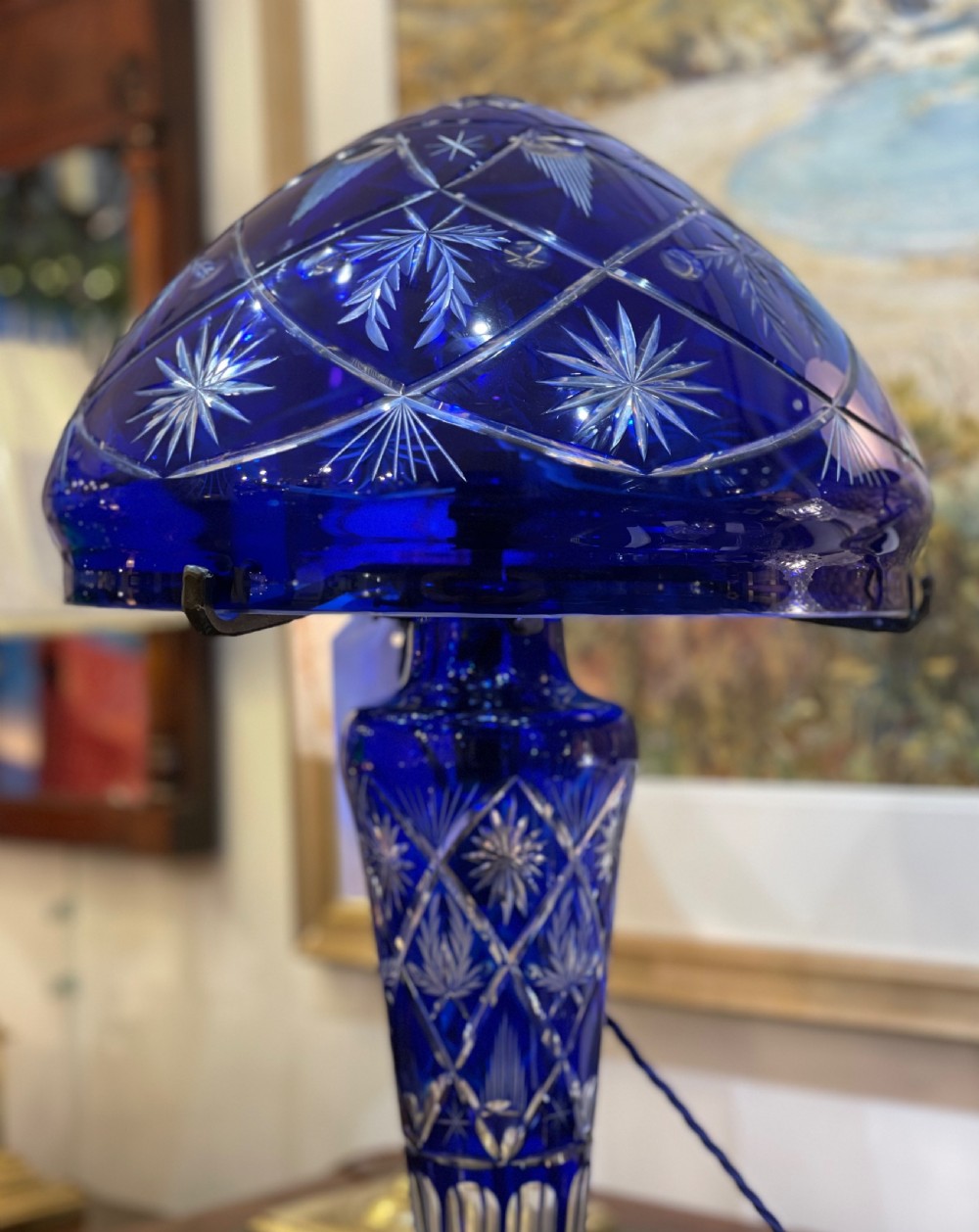 Cobalt Blue Cut Glass Mushroom Lamp View II