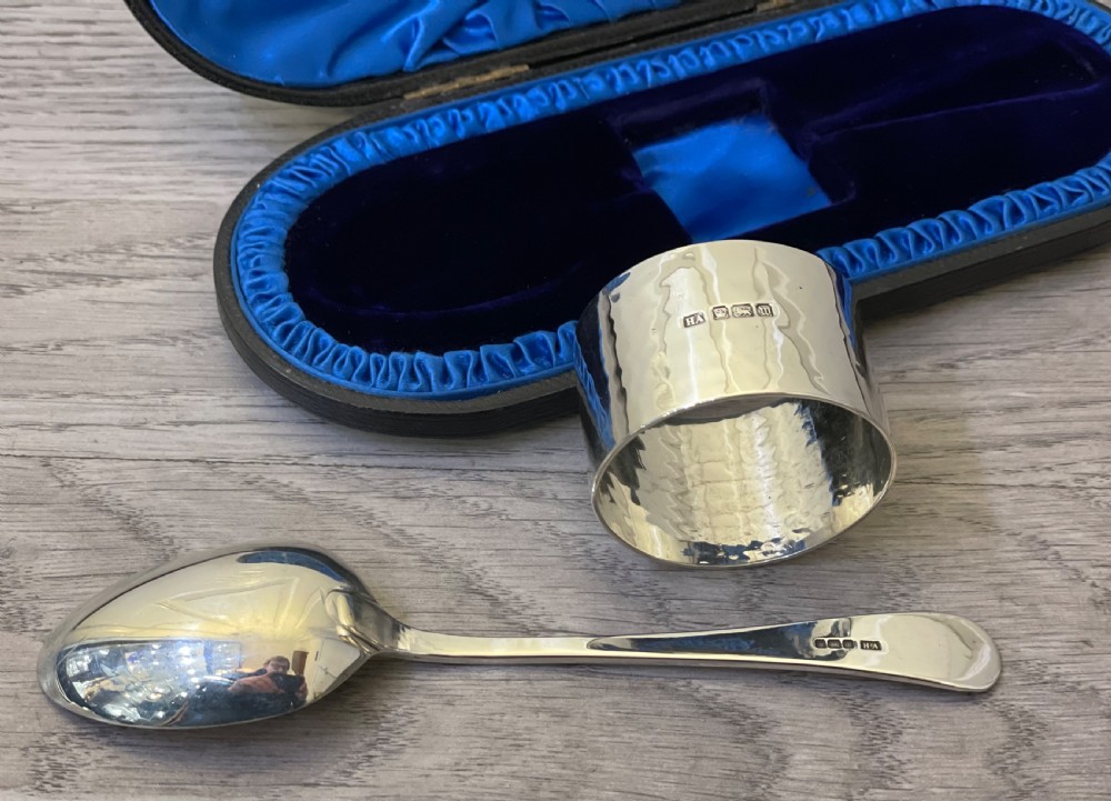 Quality George V Planished Solid Silver Christening Set View V