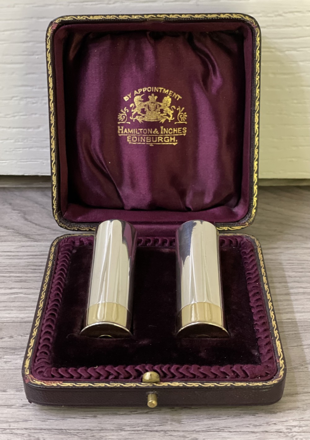 Pair George V Silver Shot Gun Cartridge Peppers, Edinburgh