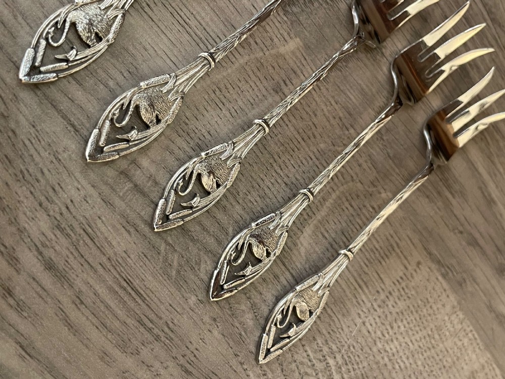 Pretty Edwardian Set Six Solid Silver of Forks Swan Finials View II