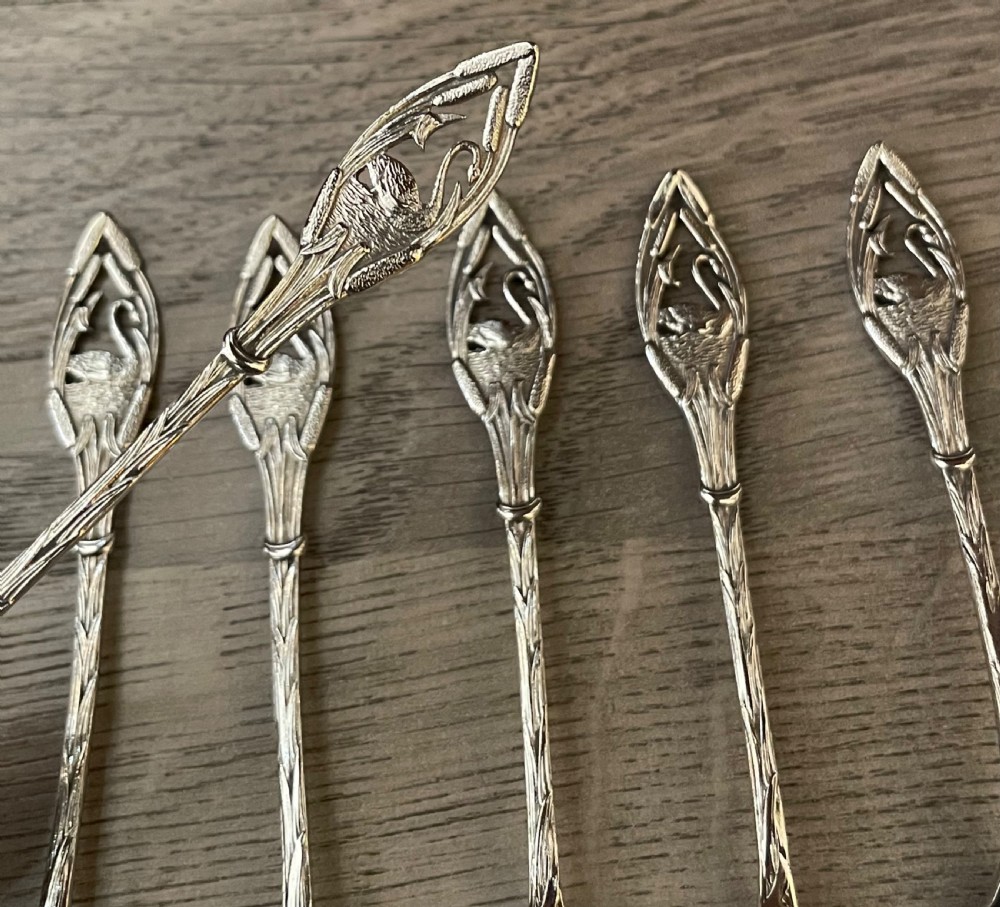 Pretty Edwardian Set Six Solid Silver of Forks Swan Finials View III