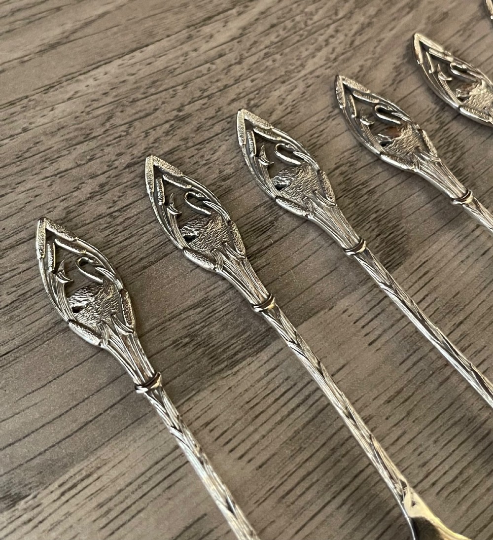 Pretty Edwardian Set Six Solid Silver of Forks Swan Finials View IV