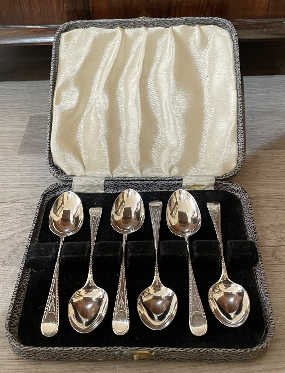 Six Victorian Bright Cut Solid Silver Teaspoons, 1865 View III