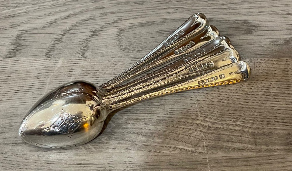 Six Victorian Bright Cut Solid Silver Teaspoons, 1865 View VII