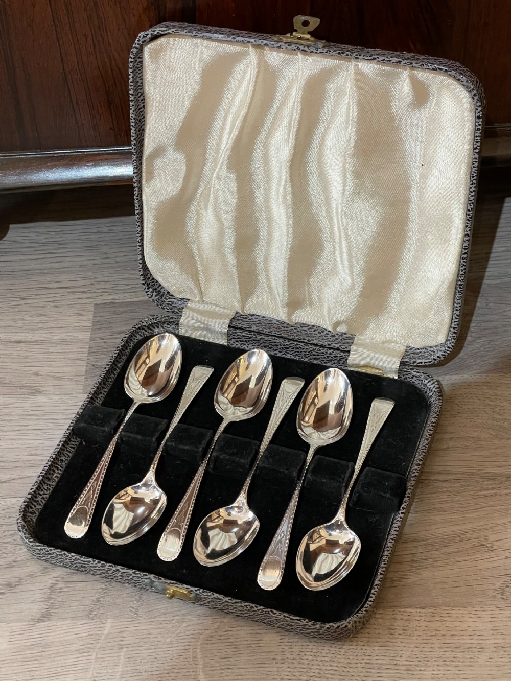 Six Victorian Bright Cut Solid Silver Teaspoons, 1865