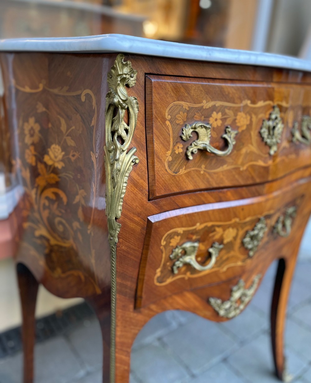 French Marquetry Chest Of Drawers Bombe Commode View IX
