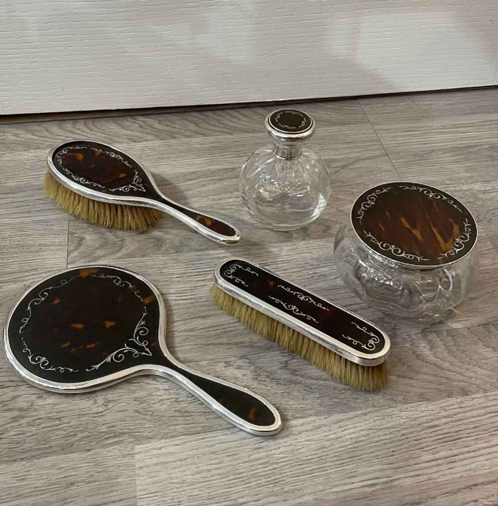 George V Solid Silver And Tortoiseshell Five Piece Dressing Table Set and Scent Bottle