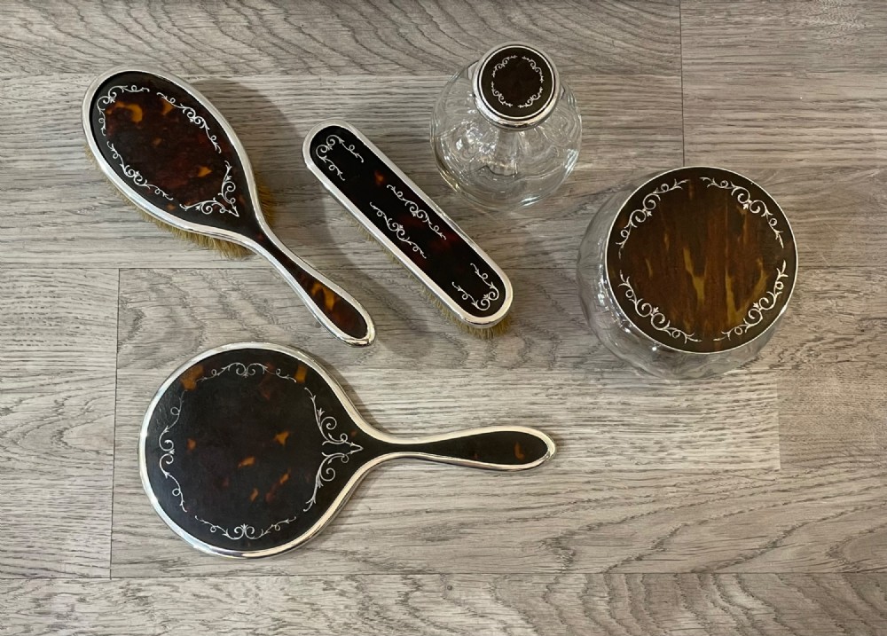 silver and tortoiseshell dressing table set Superb Antique Tortoise Shell and Sterling Silver Vanity Set, Boxed! Crown,  Maker's Marks, Hallmarks