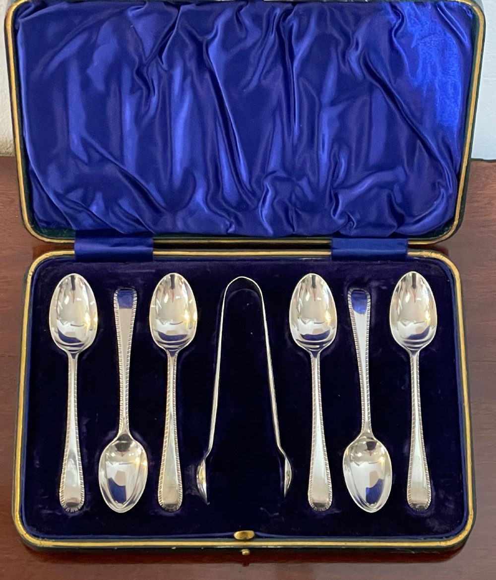 Set of Six Edwardian Solid Silver Tea Spoons and Tongs, Feather Edge