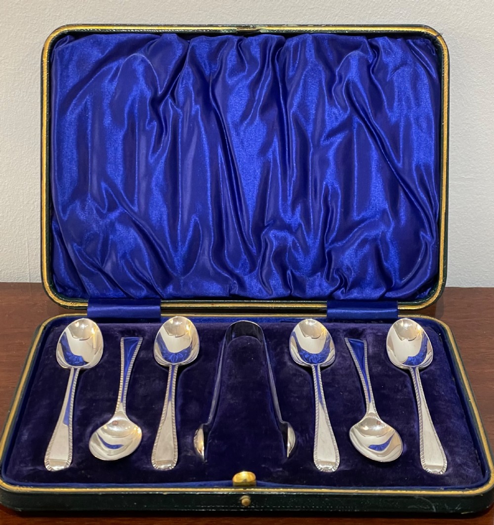 Set of Six Edwardian Solid Silver Tea Spoons and Tongs, Feather Edge View IV