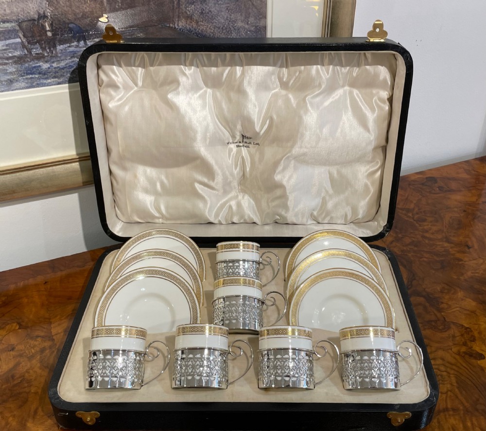 Set of George V Coffee Cans & Saucers with Silver Holders, 1925