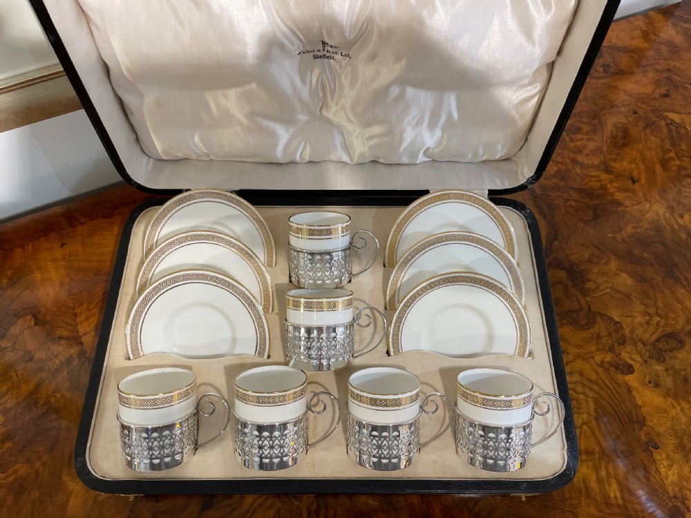 Set of George V Coffee Cans & Saucers with Silver Holders, 1925 View II