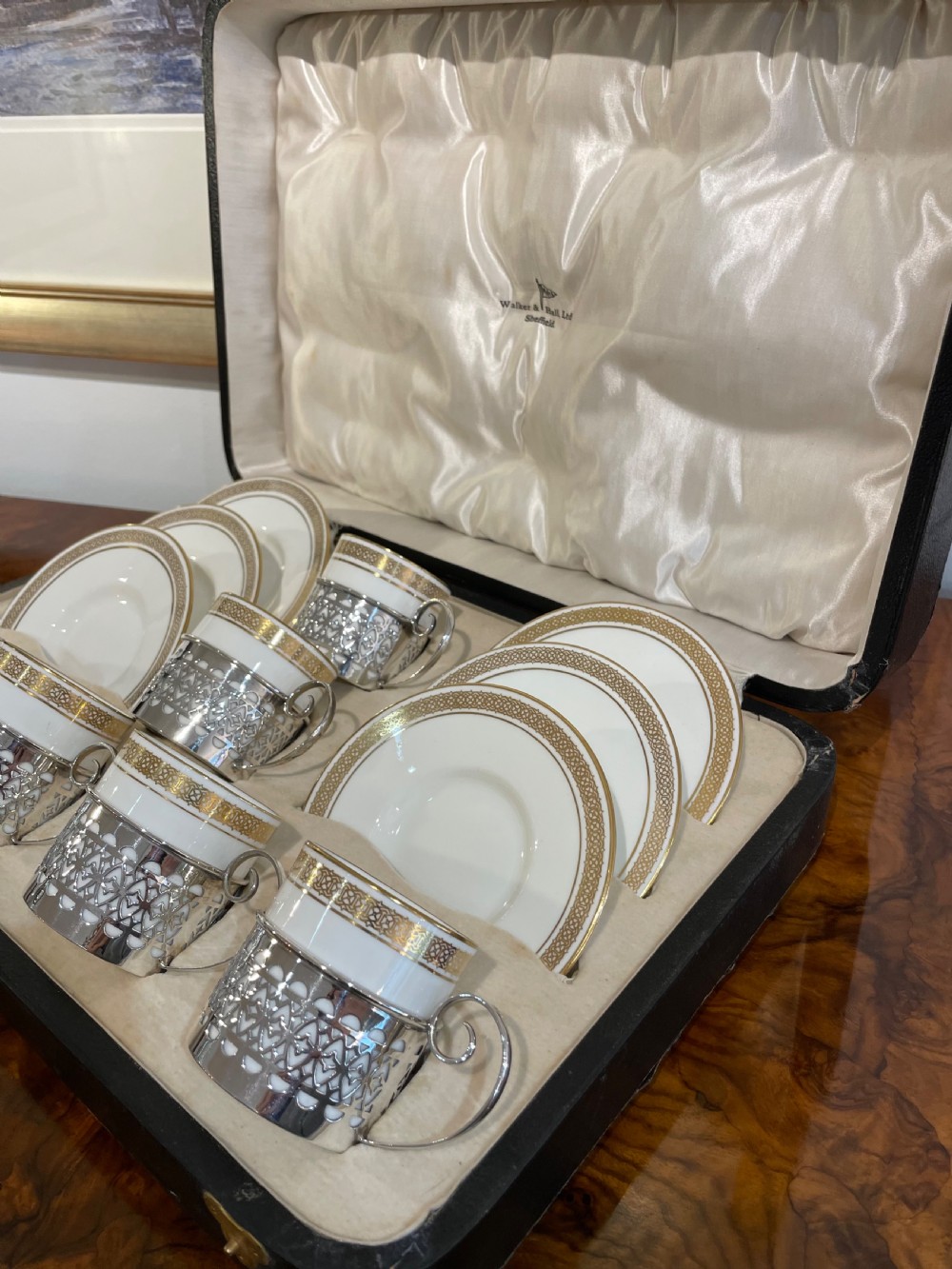 Set of George V Coffee Cans & Saucers with Silver Holders, 1925 View III