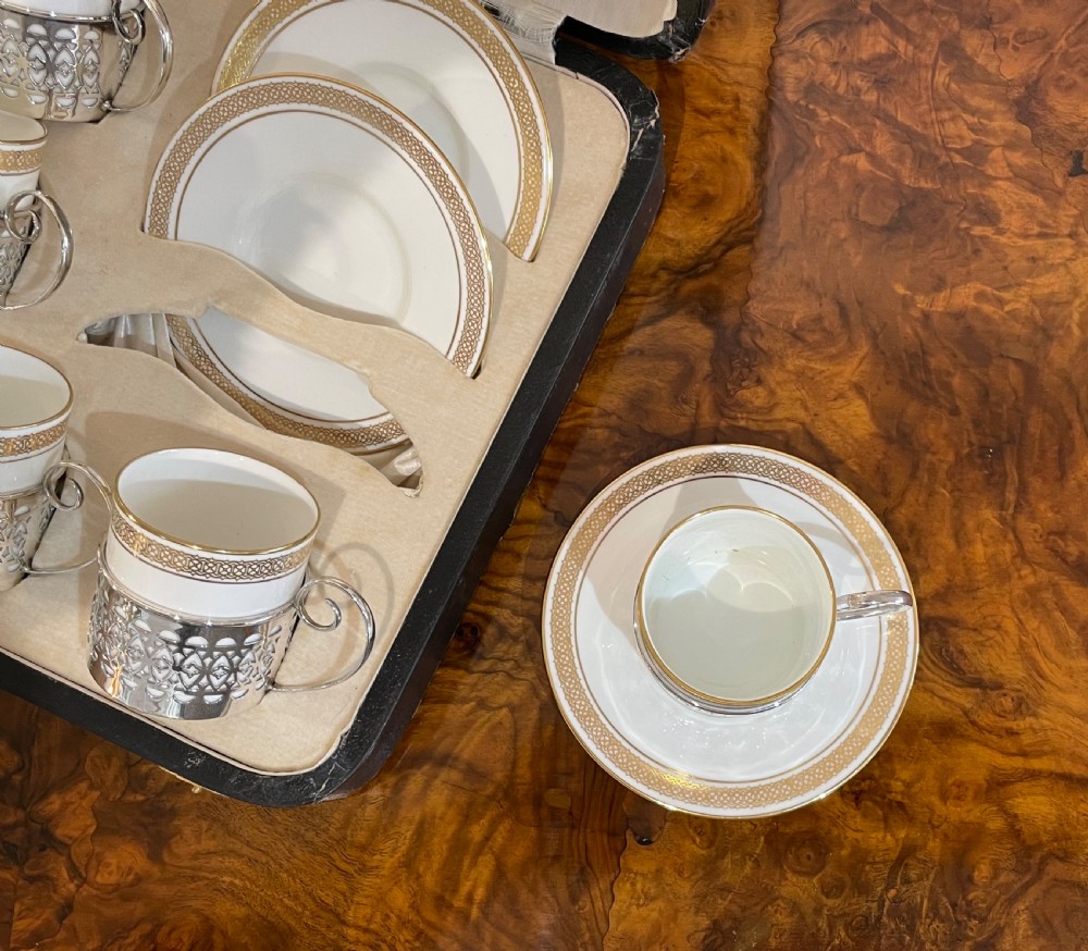 Set of George V Coffee Cans & Saucers with Silver Holders, 1925 View V
