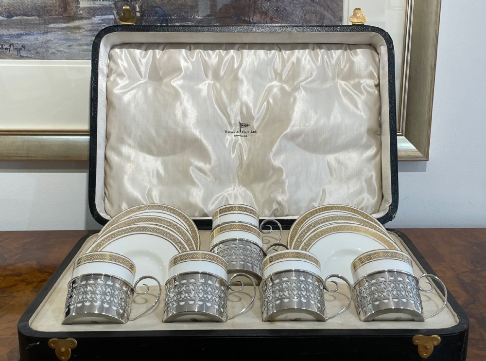Set of George V Coffee Cans & Saucers with Silver Holders, 1925 View VIII
