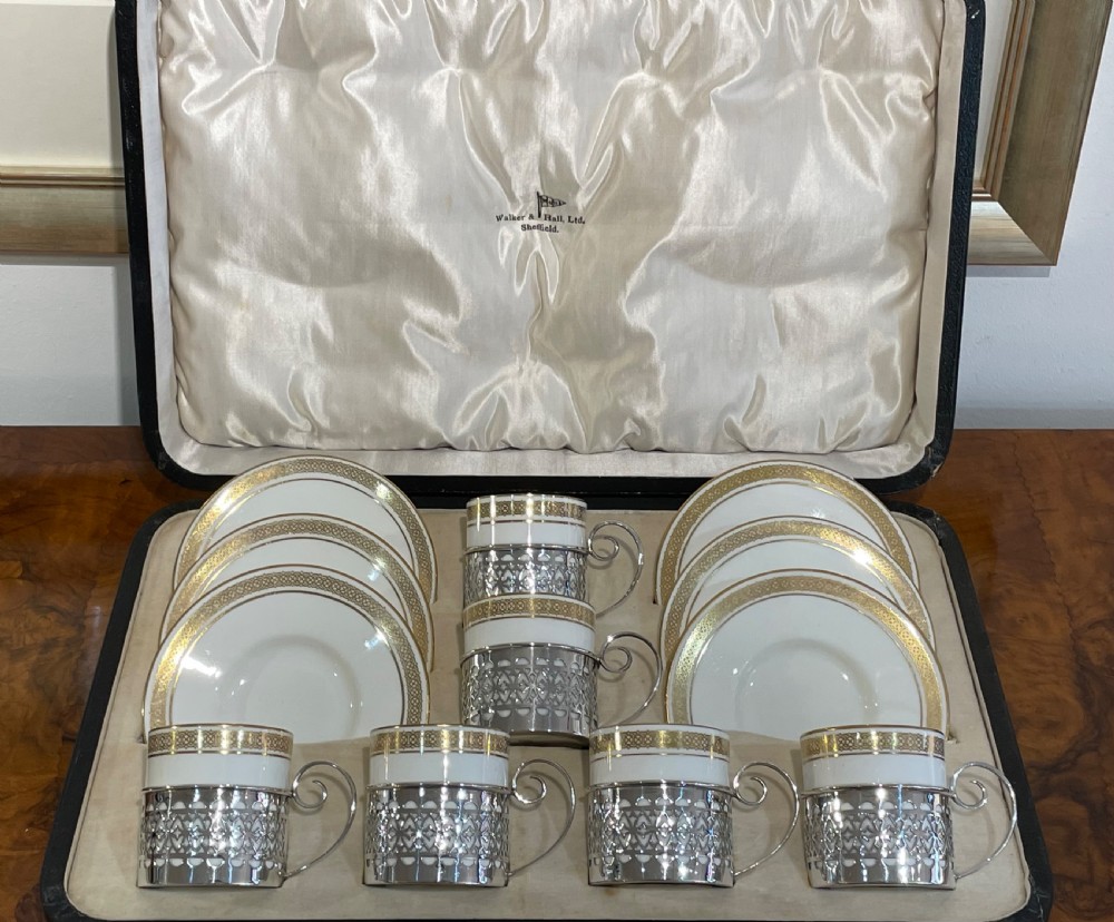 Set of George V Coffee Cans & Saucers with Silver Holders, 1925 View X