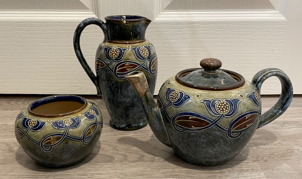 Royal Doulton Stoneware Three Piece Tea Set, Art Nouveau