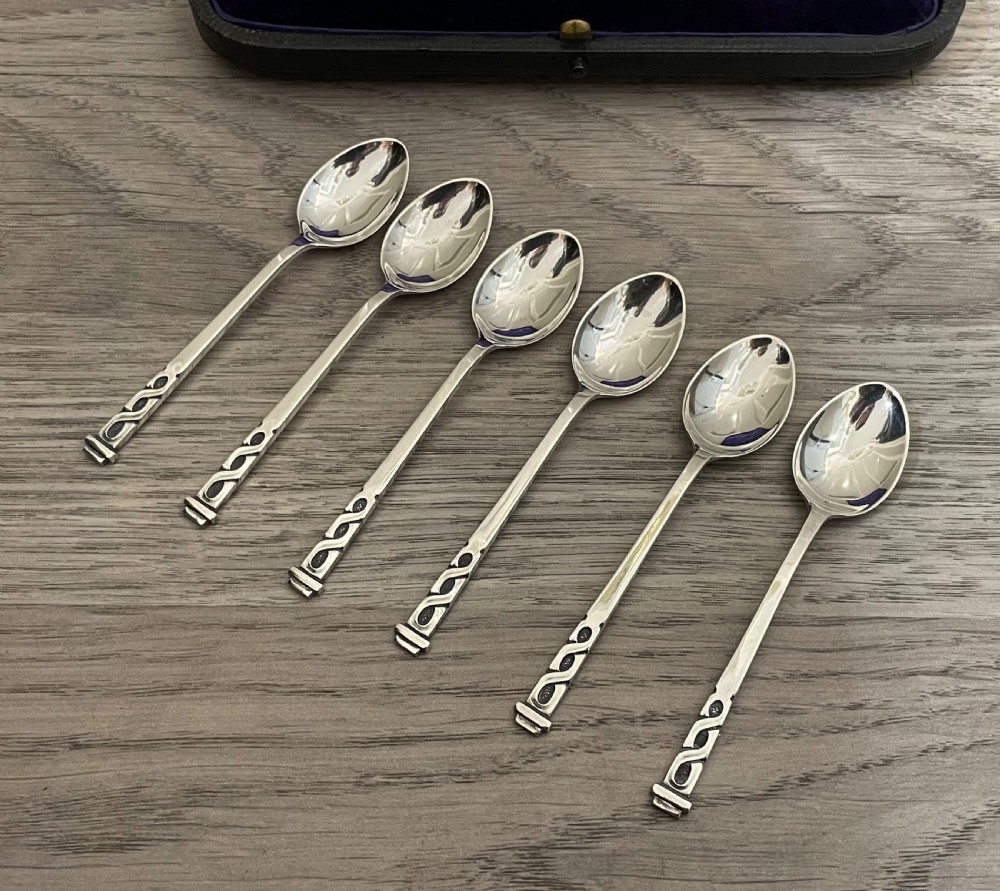 Set of Six Solid Silver Coffee Spoons, Liberty & Co View VI
