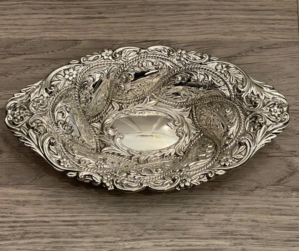 Beautiful Victorian Silver Repousse Basket, 1898