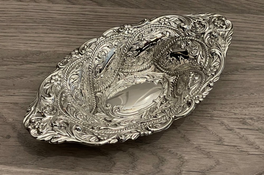 Beautiful Victorian Silver Repousse Basket, 1898 View II