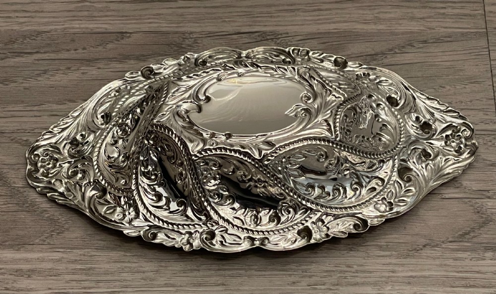 Beautiful Victorian Silver Repousse Basket, 1898 View IV
