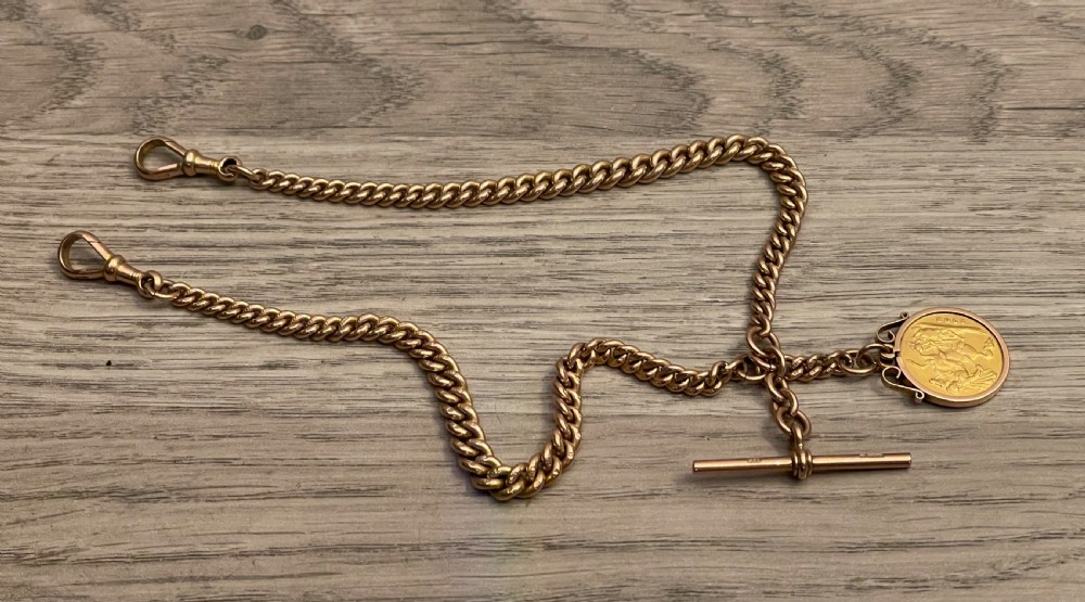 Edwardian 9ct Rose Gold Double Albert chain, Chester with Half Sovereign 1903