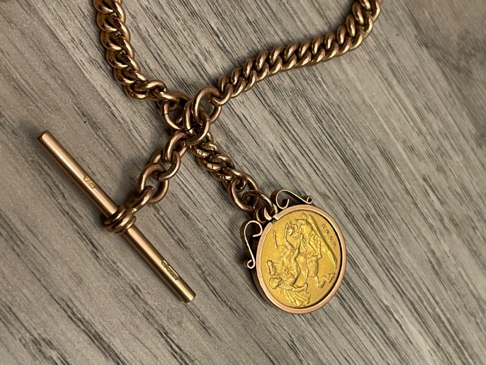 Edwardian 9ct Rose Gold Double Albert chain, Chester with Half Sovereign 1903 View II