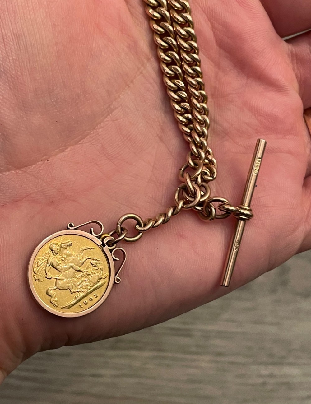 Edwardian 9ct Rose Gold Double Albert chain, Chester with Half Sovereign 1903 View III