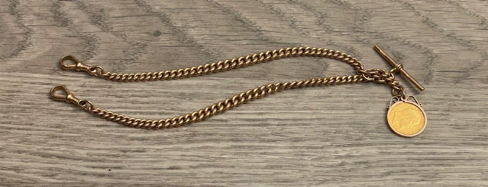 Edwardian 9ct Rose Gold Double Albert chain, Chester with Half Sovereign 1903 View IV