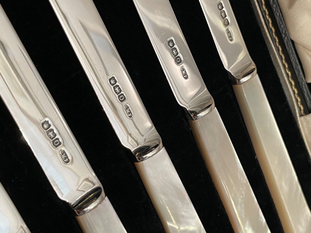 Good Set of Six George V Silver & Mother of Pearl Knives View III