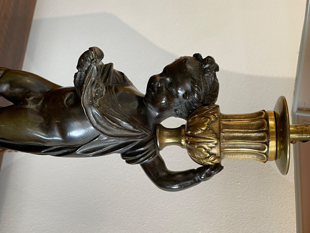 Good Pair of Early 20th Century Bronze Putti Table Lamps View II