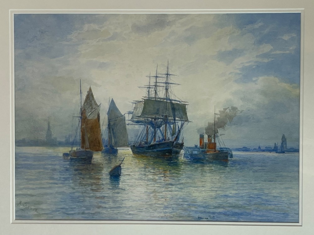 Marine watercolour by Max Krause, leaving Port (Liverpool) View III
