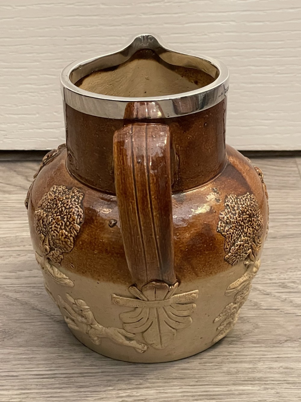 Large Doulton Lambeth Stoneware Jug with Silver Rim View IV