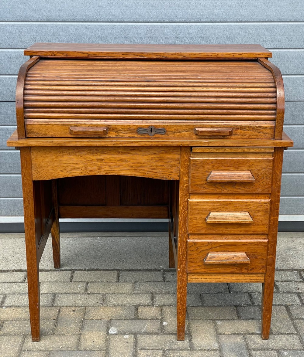 Good Golden Oak Tambour Roll Top Desk