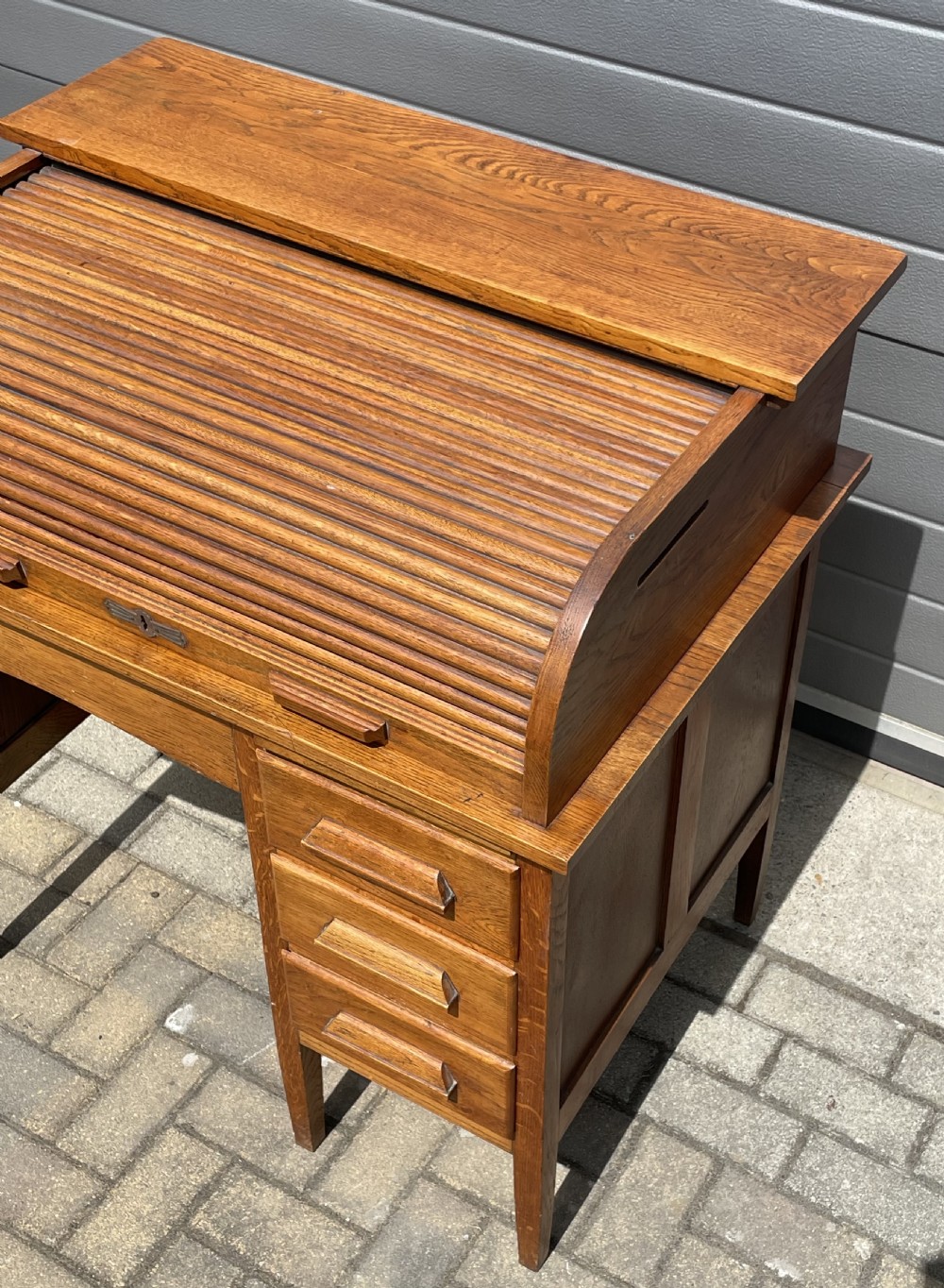 Good Golden Oak Tambour Roll Top Desk View III